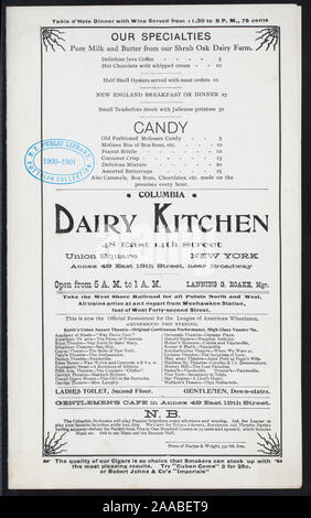 PRICED MENU; Daily Specials; trasporto direzioni; elenco dei teatri e programmi nel settore; BOXED CANDY e sigari disponibili; le direzioni per le toilettes; menu del giorno [detenute da] COLUMBIA LATTERIA CUCINA; [a] 48 EAST 14TH STREET, UNION SQUARE, NY (RESTO;) Foto Stock