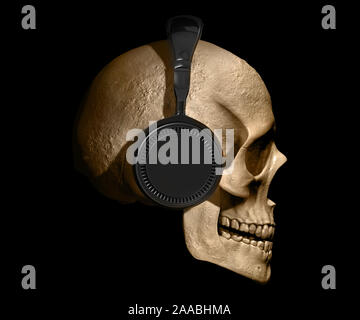 Cranio con cuffie isolato in sfondo nero 3D render Foto Stock