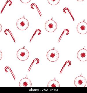 Felice Anno Nuovo 2020, Merry Christmas vector seamless pattern con albero di Natale giocattolo e Bacchetta magica candy. Illustrazione Vettoriale