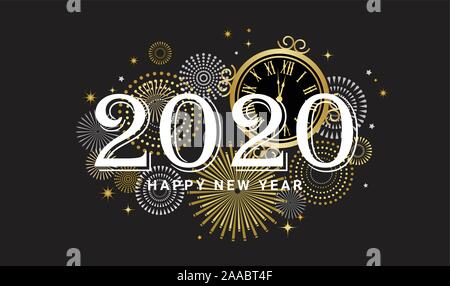 Felice Anno Nuovo 2020 - Anno Nuovo sfondo luminoso con orologio in oro e glitter Illustrazione Vettoriale