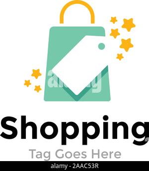 Online shop logo vettoriale modello con shopping bag e il cartellino del prezzo. Illustrazione Vettoriale