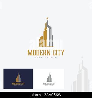Real estate & office logo design con cielo moderno edificio del raschiatore. Illustrazione Vettoriale