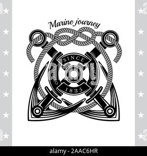 Due ancore di croce con la corda. Mare Vintage Black Label isolato su bianco Illustrazione Vettoriale