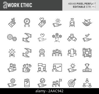 30 linea sottile icone associate con l'occupazione & etica del lavoro. Simboli come la moralità, competenza, di ottimismo e di empatia sono inclusi nel set. 48x48 pix Illustrazione Vettoriale