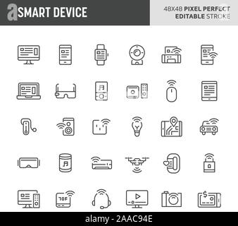 30 linea sottile icone associate ai dispositivi Smart Device. Simboli come dispositivo indossabile, elettrodomestico, computer & electronic sono incluse in questa serie. 48x Illustrazione Vettoriale