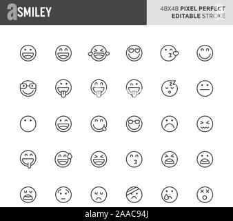 30 linea sottile icone associate con smiley & emoticon con espressione divertente, felice, triste e altri espressione sono incluse in questa serie. 48x48 pixel perf Illustrazione Vettoriale