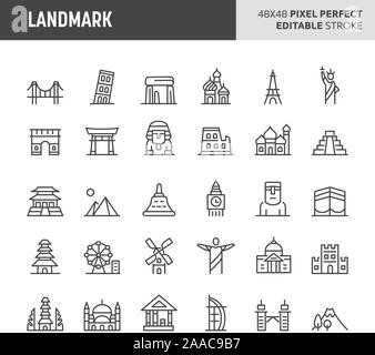 30 linea sottile icone associate con il mondo il famoso punto di riferimento. Simboli come scoperta storica e moderna costruzione & meraviglie sono inclusi nel set. 48x48 Illustrazione Vettoriale