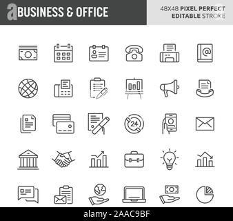 30 linea sottile icone associate con business & office. Simboli come ufficio, money & business articoli correlati (legale e documento) sono inclusi nel set. Illustrazione Vettoriale