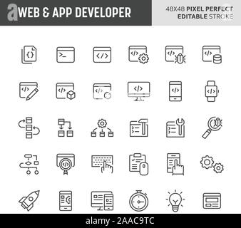 30 linea sottile icone associate con il web e gli sviluppatori di app. Simboli come editor di codice e la programmazione di altri elementi correlati vengono incluse in questa serie. 48x4 Illustrazione Vettoriale