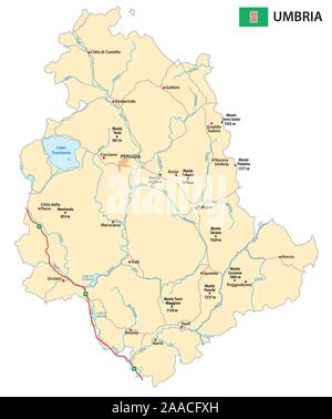 La mappa stradale di la regione italiana Umbria Illustrazione Vettoriale