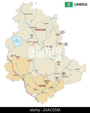 Strada e mappa amministrativa della regione italiana Umbria Illustrazione Vettoriale