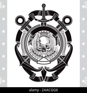 Cranio vista anteriore al centro del telaio della fune con ancore trasversale e verticale di spada. Marine araldico etichetta vintage isolato su bianco Illustrazione Vettoriale