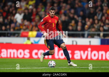 Madrid, Spagna. Xviii Nov, 2019. Alvaro appartamento Morata (ESP) Calcio/Calcetto : UEFA campionato europeo 2020 turno di qualificazione match tra Spagna 5-0 Romania al Estadio Wanda metropolitano di Madrid in Spagna . Credito: Mutsu Kawamori/AFLO/Alamy Live News Foto Stock