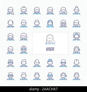 Utenti, avatar e immagine del profilo - linea sottile, sito web application & presentazione icona. semplice e minima icona Vettore e illustrazione collezione. Illustrazione Vettoriale
