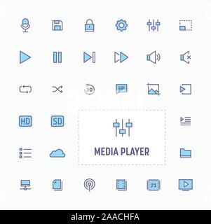 Media player - linea sottile sito & pulsante applicazione. semplice e minima pulsante vettore collezione. Illustrazione Vettoriale