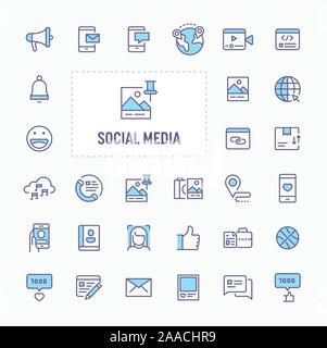 Social media, interazione, condivisione e scambio - Linea sottile, sito web application & presentazione icona. semplice e minima icona Vettore e illustrazione c Illustrazione Vettoriale