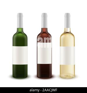 Vettore realistica serie di bottiglie di vino di vari colori di vetro. Illustrazione Vettoriale