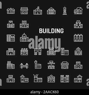 Semplice bianco le icone della linea isolate su sfondo nero relativi agli edifici, architetture e strutture. Vettore di segni e di simboli collezioni per nastri Illustrazione Vettoriale