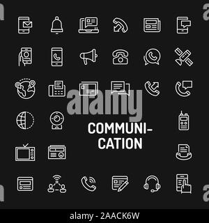 Semplice bianco le icone della linea isolate su sfondo nero relative alle comunicazioni. Vettore di segni e di simboli di collezioni di sito e modello di progetto Illustrazione Vettoriale