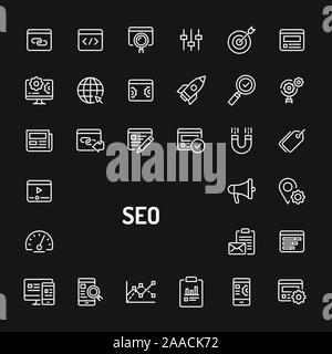 Semplice bianco le icone della linea isolate su sfondo nero relativi alla ottimizzazione di Search Engine (SEO). Vettore di segni e di simboli collezioni per un sito web Illustrazione Vettoriale