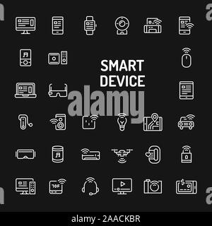 Semplice bianco le icone della linea isolate su sfondo nero relative a smart gadget e dispositivi elettronici. Vettore di segni e di simboli collezioni per sito web Illustrazione Vettoriale