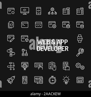 Semplice bianco le icone della linea isolate su sfondo nero relative al sito web e gli sviluppatori di app. Vettore di segni e di simboli di collezioni di sito web e desi Illustrazione Vettoriale