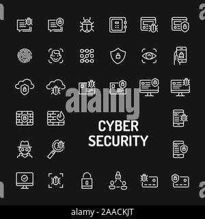 Semplice bianco le icone della linea isolate su sfondo nero relative a cyberspaces e la sicurezza digitale. Vettore di segni e di simboli collezioni per un sito web Illustrazione Vettoriale