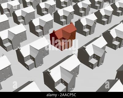 Sfondo con molte case. Vista isometrica a. Una casa rossa nel centro spicca. 3D. Illustrazione Vettoriale. Illustrazione Vettoriale
