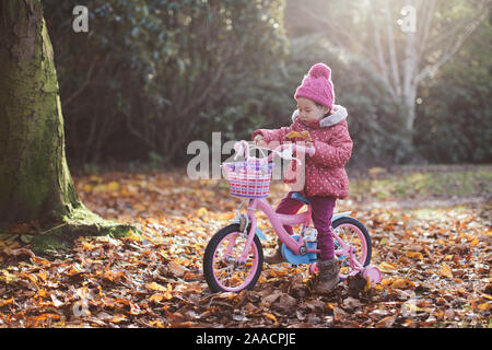 Il toddler girl bicicletta equitazione in inverno campagna parco,l'Irlanda del Nord Foto Stock