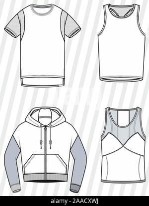 Sports wear vector set. Modelli di capi di abbigliamento tessili,mockup illustrazione. T-shirt, pantaloni corti. Illustrazione Vettoriale