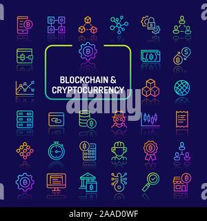 Gradiente di semplici icone a colori isolate su sfondo scuro legati al digital asset, blockchain, cryptocurrency, crittografia transazioni e sicurezza. Illustrazione Vettoriale