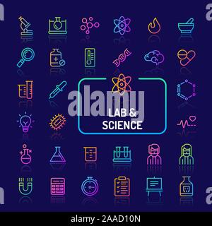 Gradiente di semplici icone a colori isolate su sfondo scuro legati alla scienza ricerca gli esperimenti di laboratorio e attrezzature. Vettore di segni e di simboli Illustrazione Vettoriale