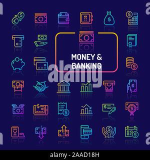 Gradiente di semplici icone a colori isolate su sfondo scuro relative agli aspetti finanziari, Moneta e banche. Vettore di segni e di simboli collezioni per un sito web Illustrazione Vettoriale