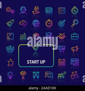 Gradiente di semplici icone a colori isolate su sfondo scuro relative ad avviare il business e la società. Vettore di segni e di simboli collezioni per un sito web Illustrazione Vettoriale