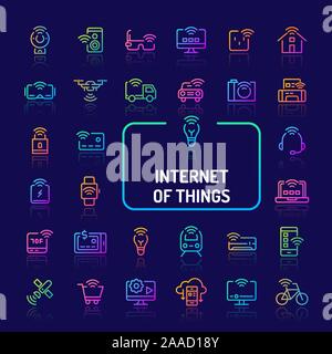 Gradiente di semplici icone a colori isolate su sfondo scuro legate a internet delle cose (IOT). Vettore di segni e di simboli di collezioni di sito web e ap Illustrazione Vettoriale