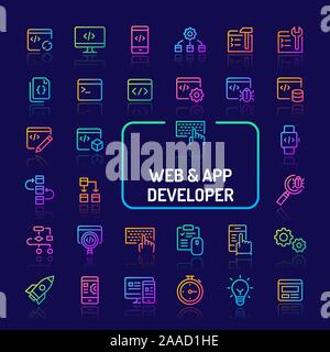 Gradiente di semplici icone a colori isolate su sfondo scuro relative al sito web e gli sviluppatori di app. Vettore di segni e di simboli di collezioni di sito web e di un Illustrazione Vettoriale