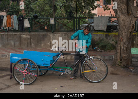 New Delhi, India. Xxi Nov, 2019. Un uomo gli oli il suo ciclo rickshaw lungo la strada in New Delhi, India, nov. 21, 2019. Credito: Javed Dar/Xinhua/Alamy Live News Foto Stock