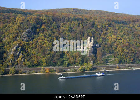 Europa; Deutschland; Renania-Palatinato; Mittelrhein; Rhein; Fluss; Burg Rheinstein; Burg; Burgen; historisch; historische; Rheinschiffer; Schiff; Archit Foto Stock