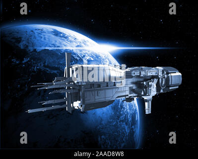 Astronave con il pianeta terra - 3D render Foto Stock