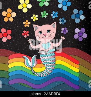 Cat mermaid illustrazione vettoriale. Carino con carattere arcobaleno e fiori. Disegnata a mano cartoon unico sfondo pet. Illustrazione Vettoriale