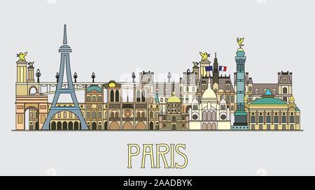 Panoramica tecnica di linea style Paris Skyline della citta'. Colorato isolato illustrazione vettoriale. Silhouette di vettore Illustrazione dei punti di riferimento di Parigi, Francia. Parigi Illustrazione Vettoriale