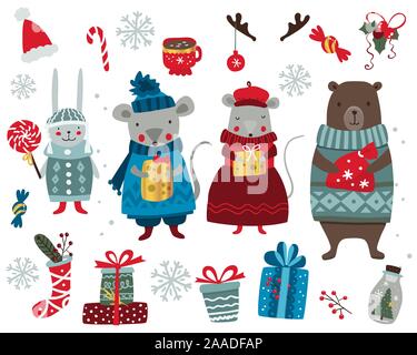 Set di Natale con mouse, orso, coniglio e decorazione. Illustrazione Vettoriale Illustrazione Vettoriale