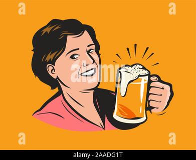 Donna che tiene una tazza di birra. Illustrazione vettoriale in stile fumetto pop art retrò Illustrazione Vettoriale