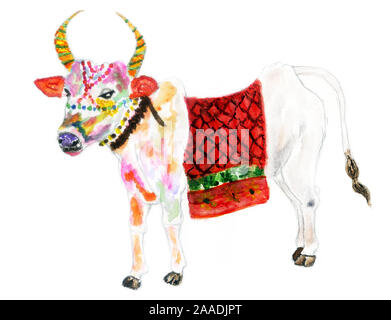 Hindu harvest festival, Pongal saluto con decorate mucca disegnata a mano illustrazione. Foto Stock