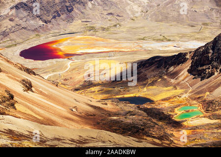Laghi colorati al di sotto del picco di Chacaltaya stazione, lago scolorito dalla miniera effluente., Ande, Bolivia. Ottobre 2015. Foto Stock