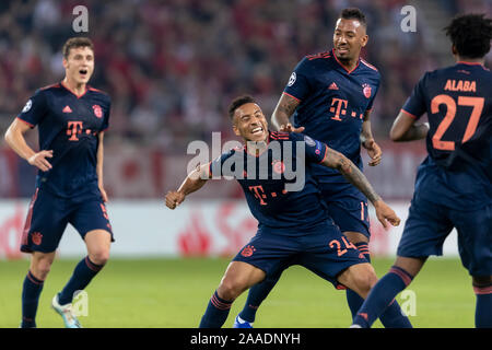 Pireo, Grecia - 22 Ottobre 2019: Il giocatore del Bayern Corentin Tolisso celebrare durante la UEFA Champions League tra Olympiacos vs Bayern a Foto Stock