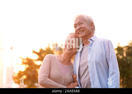 Ritratto all'aperto di amorevole senior coppia asiatica, felice e sorridente Foto Stock