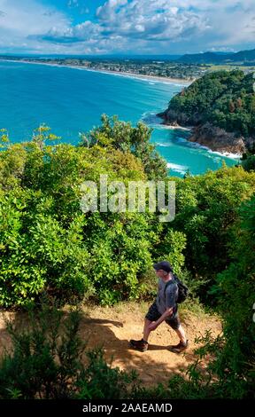 Escursionista sul sentiero in Orokawa riserva paesaggistica, Waihi Beach, Baia di Planty, Isola del nord, Nuova Zelanda Foto Stock
