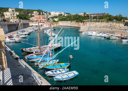 Barche colorate in riparato porto a porto Tricase sulla costa Adriatica della Puglia (Puglia), Italia Meridionale Foto Stock