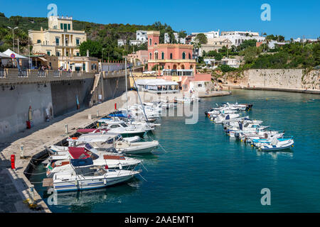 Barche colorate in riparato porto a porto Tricase sulla costa Adriatica della Puglia (Puglia), Italia Meridionale Foto Stock